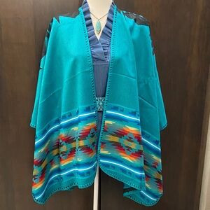 Vibrant Turquoise Women's Southwest Style Poncho from Santa Fe boutique. New!